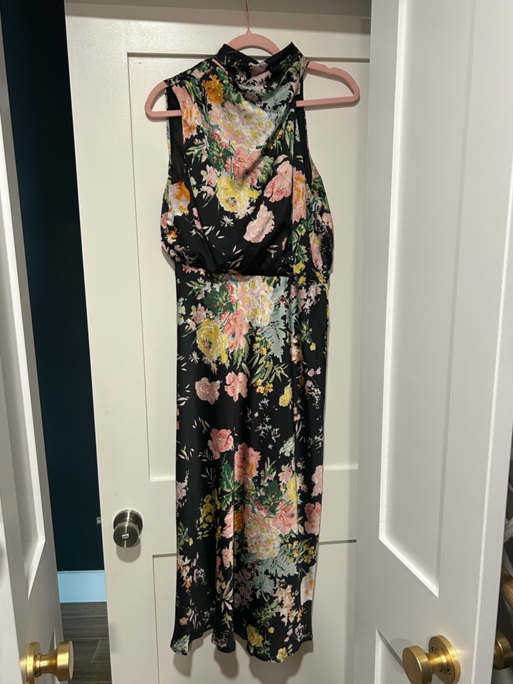 Petal & Pup Black Asymmetrical Cowl Neck Floral Dress